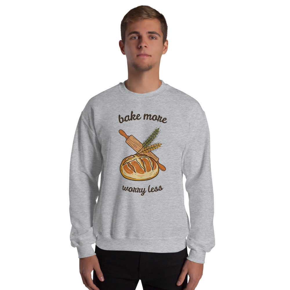 Model wearing Bake More Worry Less retro kitchen sourdough crewneck sweatshirt — Sport Grey