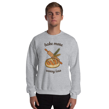 Model wearing Bake More Worry Less retro kitchen sourdough crewneck sweatshirt — Sport Grey