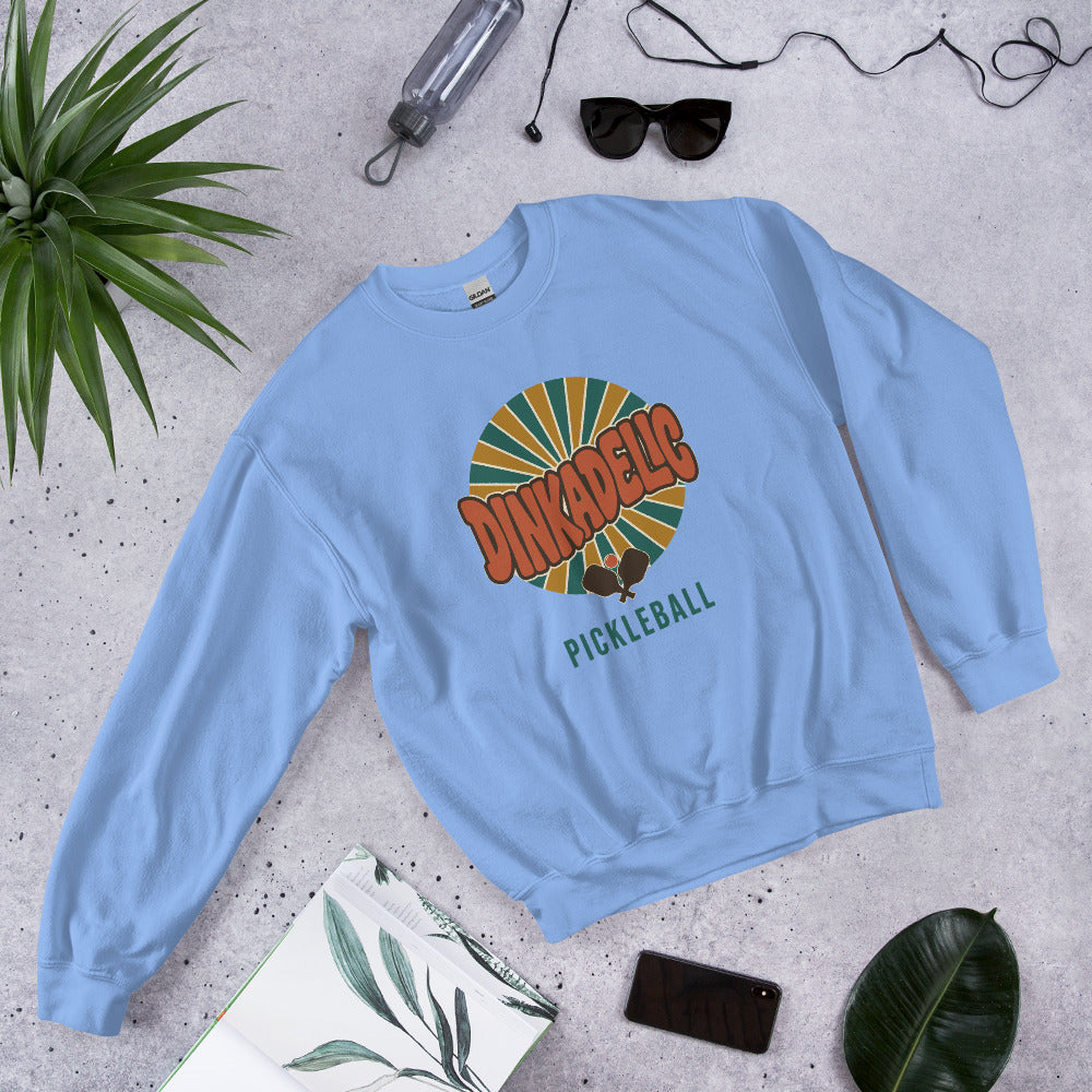 Carolina Blue Dinkadelic retro 70s pickleball crewneck sweatshirt ghost front right