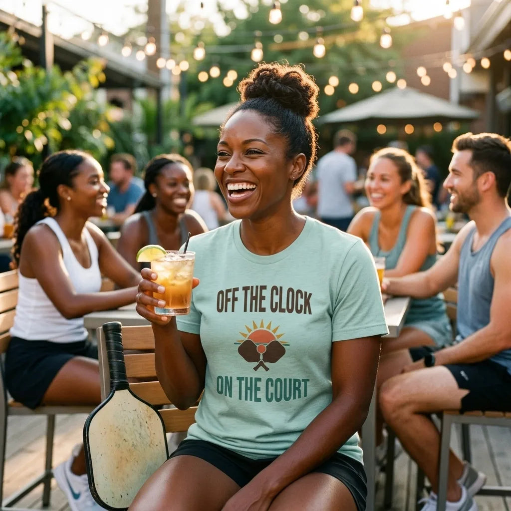 pickleball player at post-game patio wearing Off The Clock On The Court retro pickleball tee — H. Dust
