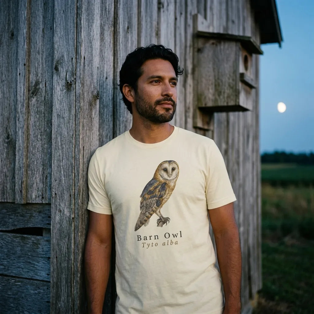 Birder at a twilight barn with an owl nest-box wearing the Barn Owl vintage field-guide tee — Natural