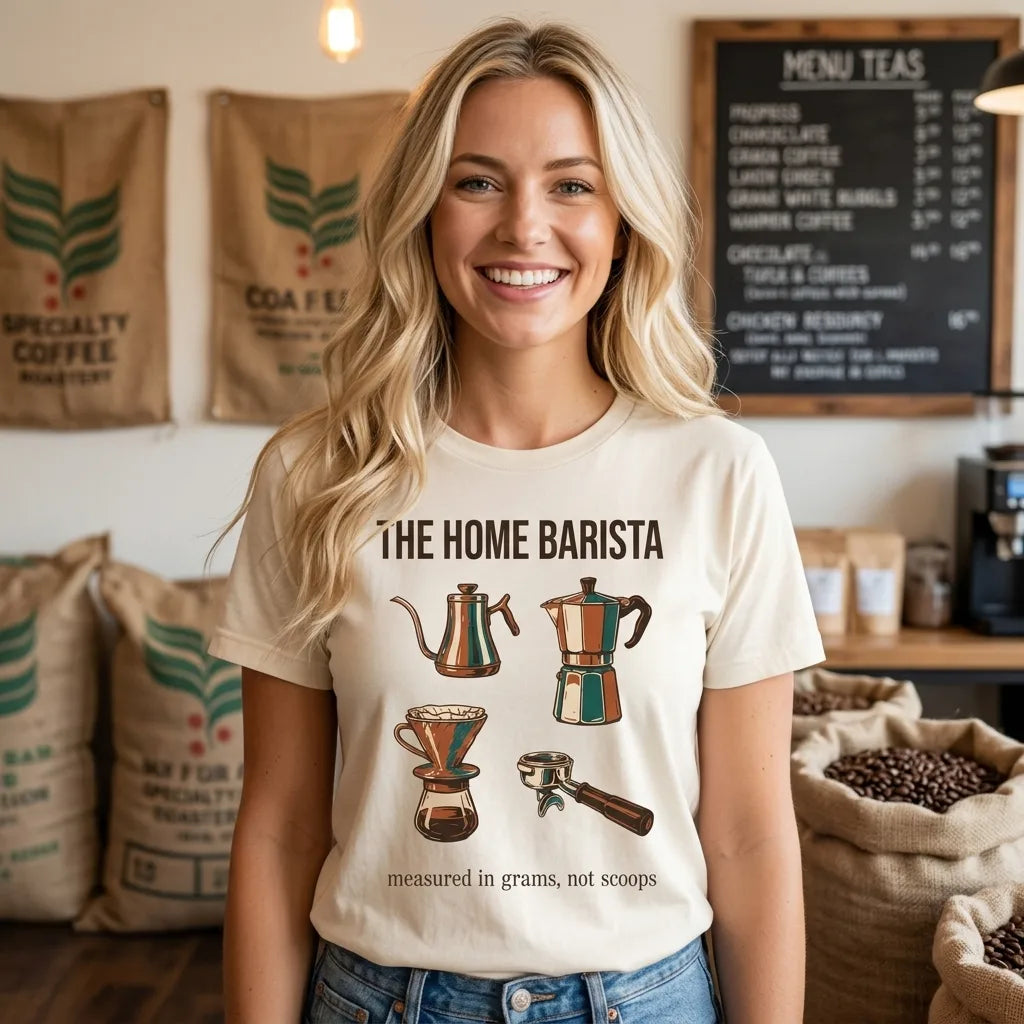 The Home Barista specialty coffee tee — lifestyle