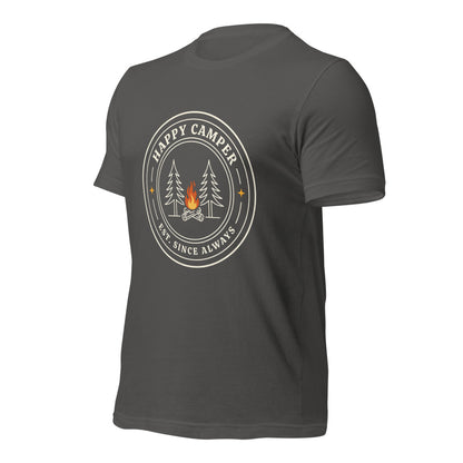Happy Camper retro camp badge tee — Asphalt, front right