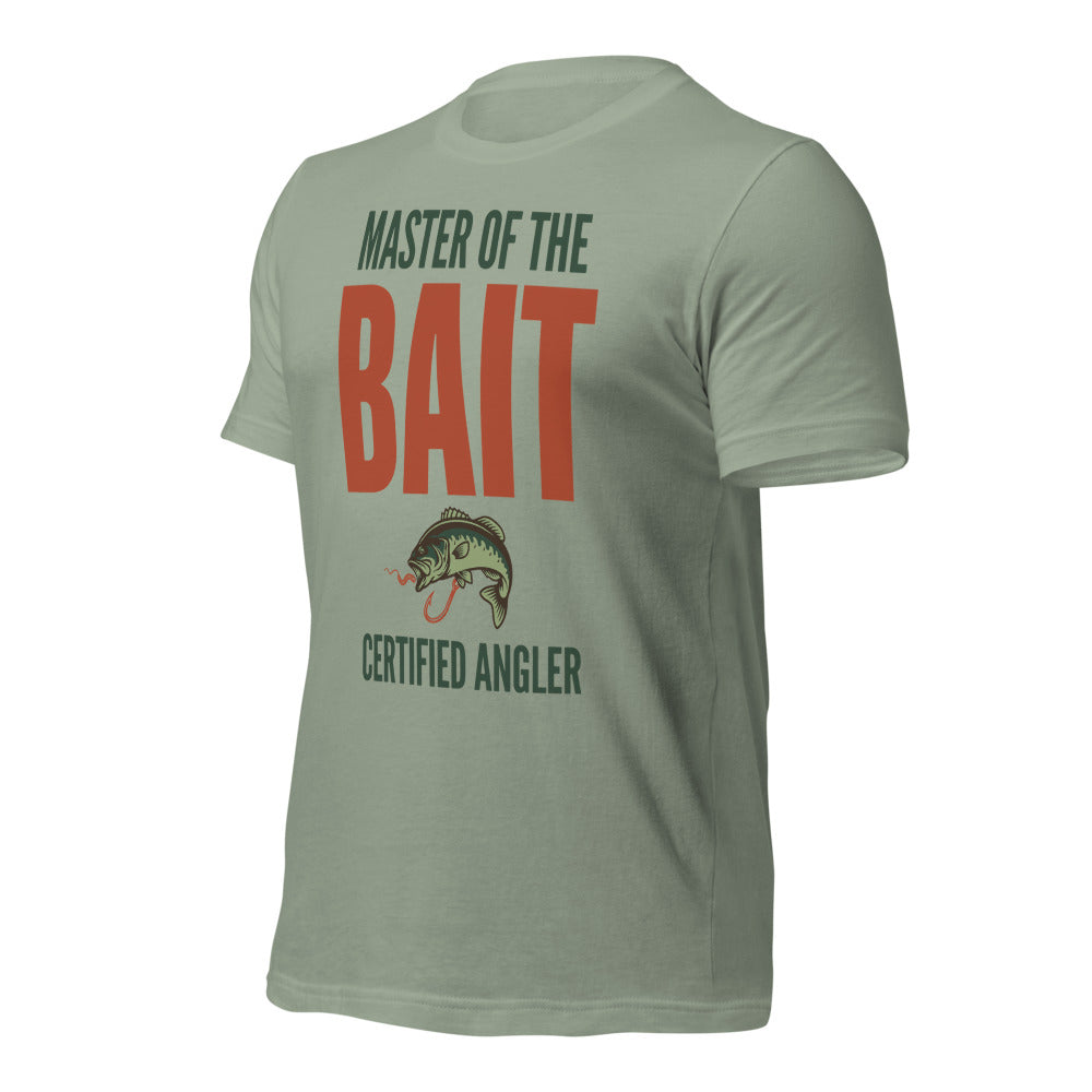 Master of the Bait retro fishing humor typography tee — Sage, front-right