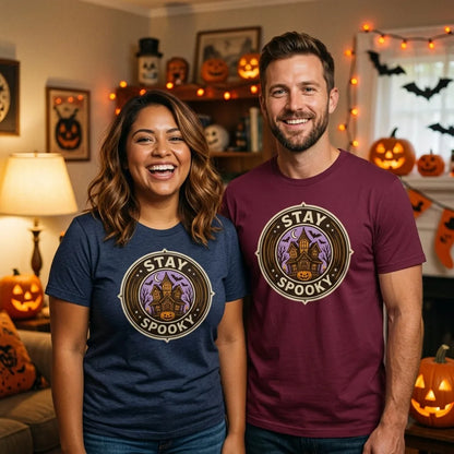 Stay Spooky retro Halloween vintage badge tee — lifestyle