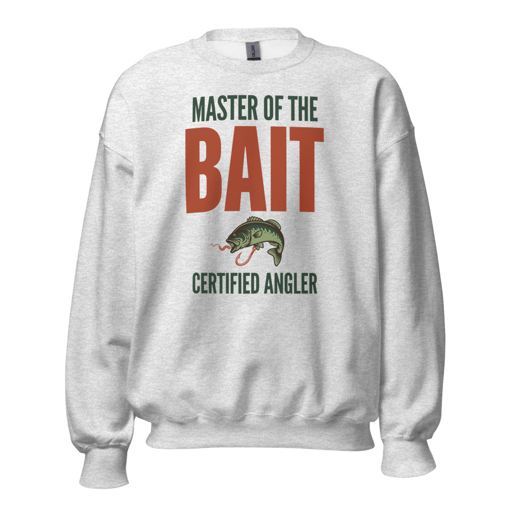 Master of the Bait retro fishing humor crewneck sweatshirt — Ash, front