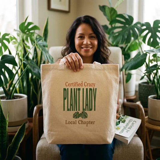 Certified Crazy Plant Lady retro botanical canvas tote bag — lifestyle