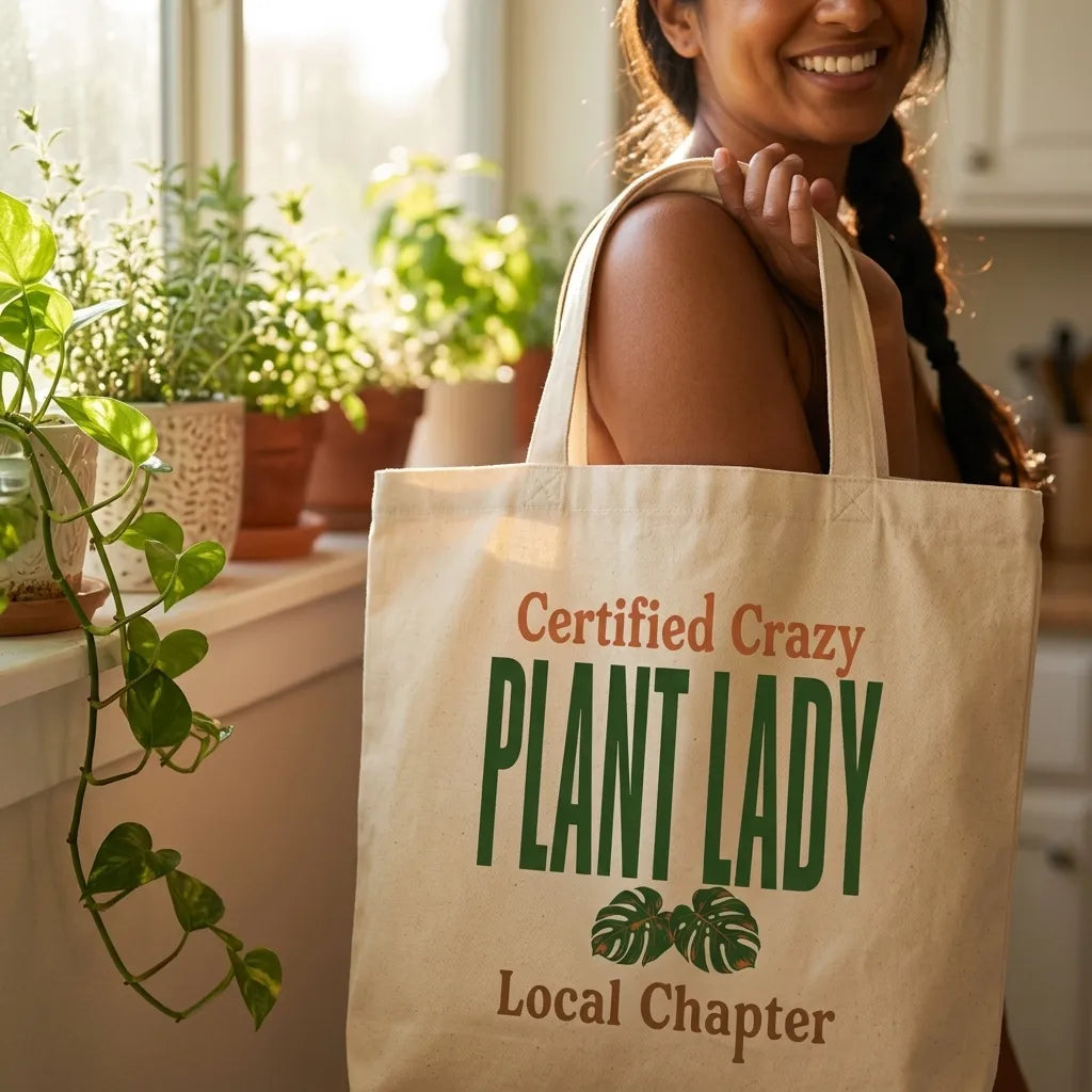 Certified Crazy Plant Lady retro botanical canvas tote bag — lifestyle