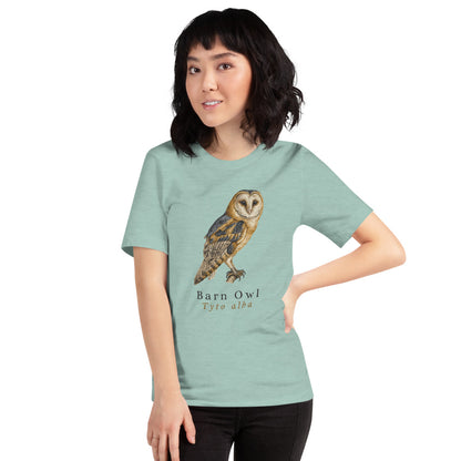 Barn Owl vintage field-guide tee — Heather Prism Dusty Blue, on model