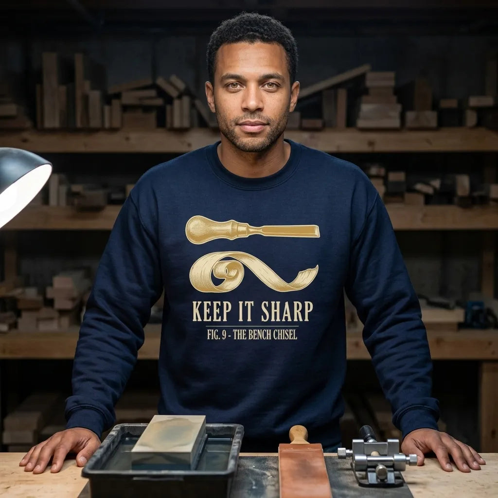 Keep It Sharp woodworking crewneck sweatshirt — lifestyle