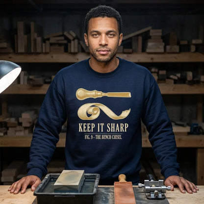 Keep It Sharp woodworking crewneck sweatshirt — lifestyle