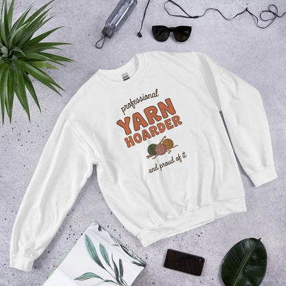 Professional Yarn Hoarder crochet cottagecore crewneck sweatshirt — White, front-right
