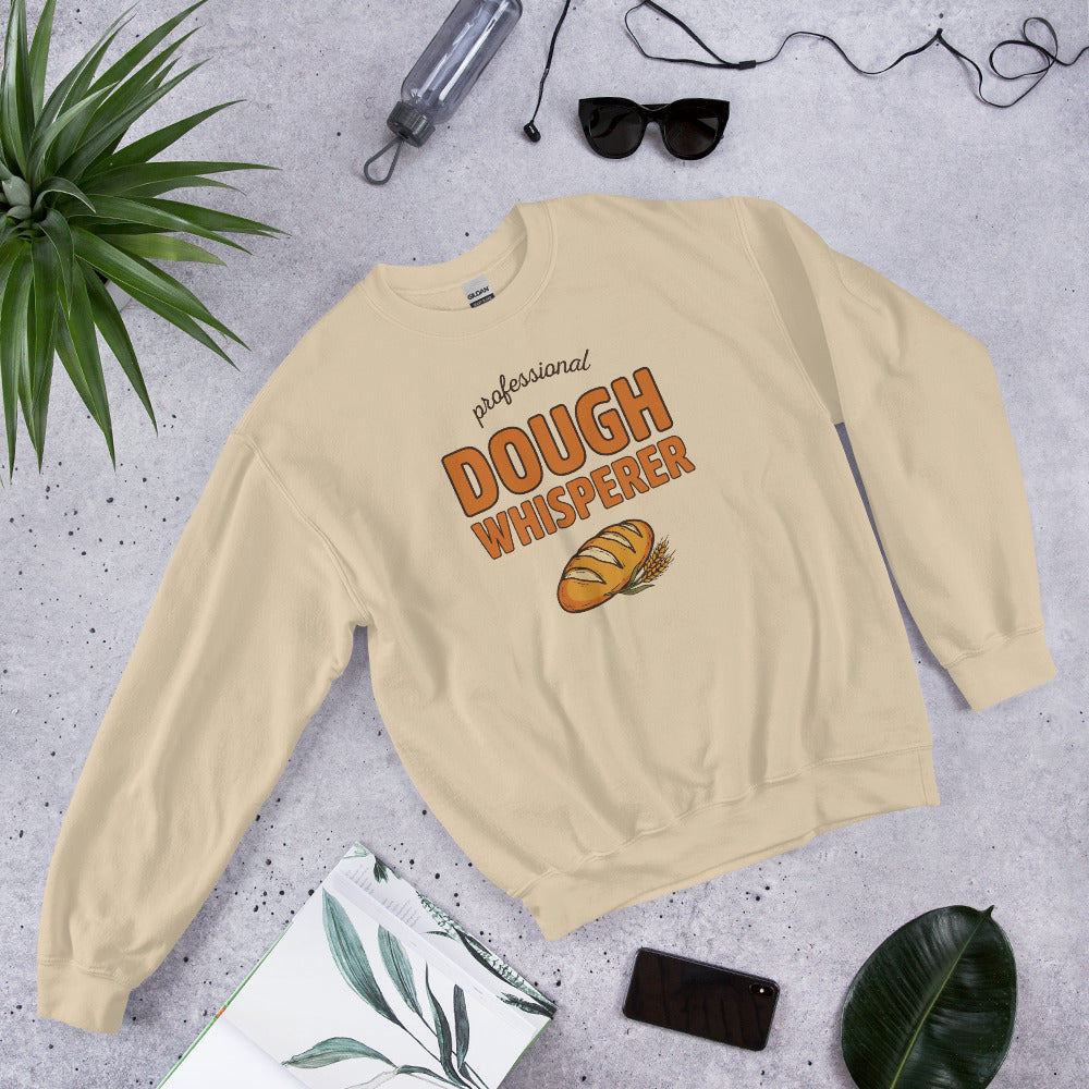 Professional Dough Whisperer funny baker crewneck sweatshirt — Sand, front angled