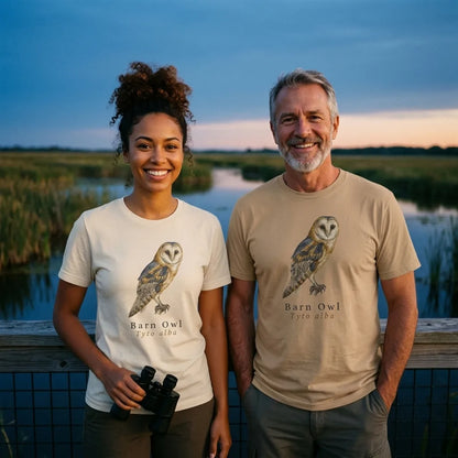 Two birders owl-watching at dusk on a wetland boardwalk wearing the Barn Owl vintage field-guide tee — Soft Cream and Tan