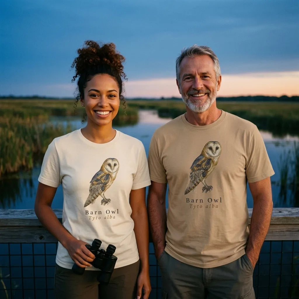 Two birders owl-watching at dusk on a wetland boardwalk wearing the Barn Owl vintage field-guide tee — Soft Cream and Tan