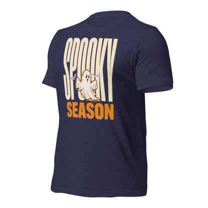 Spooky Season retro Halloween ghost typography tee — Heather Midnight Navy, front-right