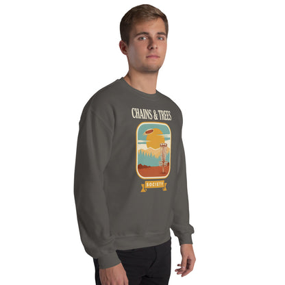 Chains & Trees Society disc golf retro landscape crewneck sweatshirt — Charcoal, on model
