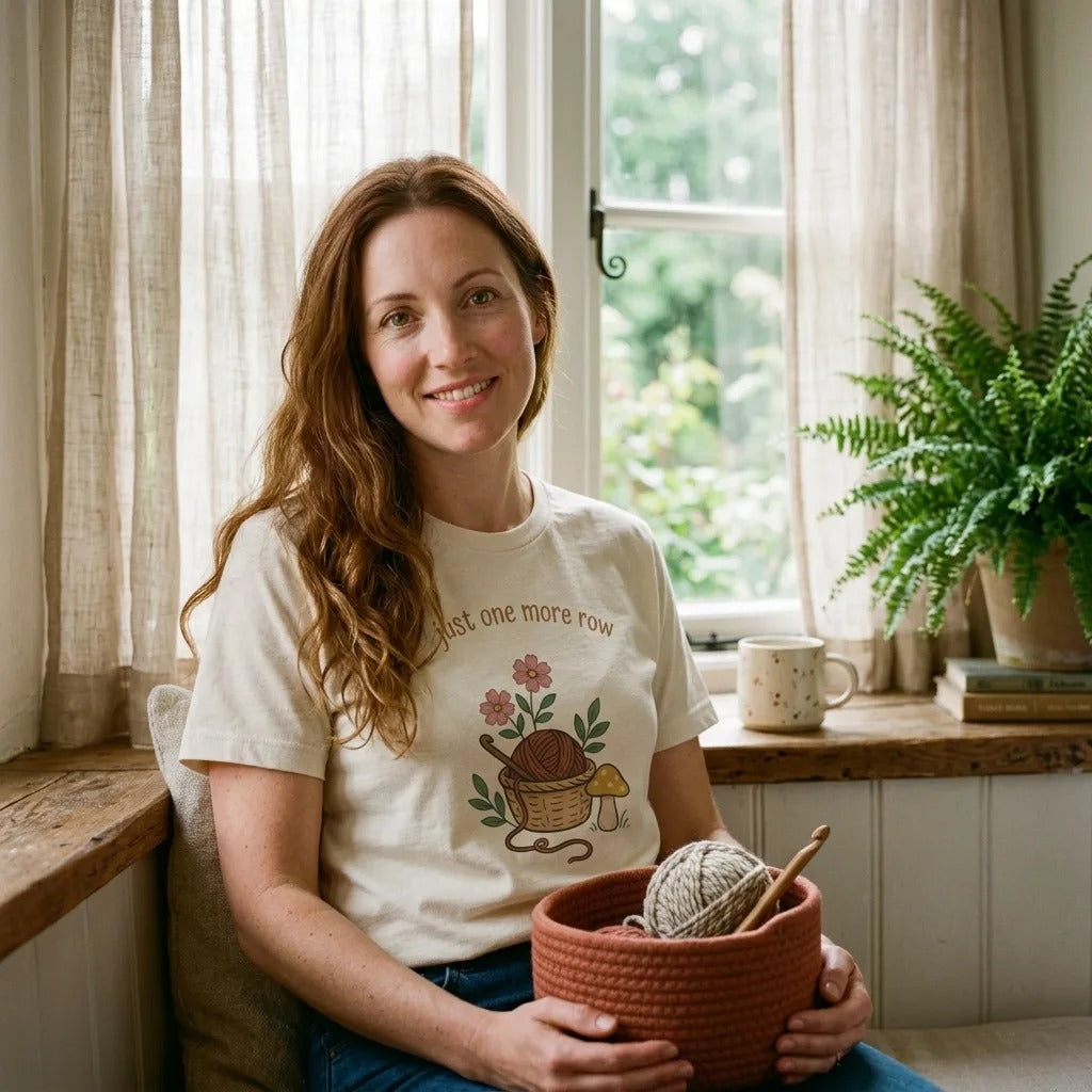 Just One More Row crochet cottagecore tee — model relaxing in a cozy cottage window seat with a terracotta yarn basket, Natural