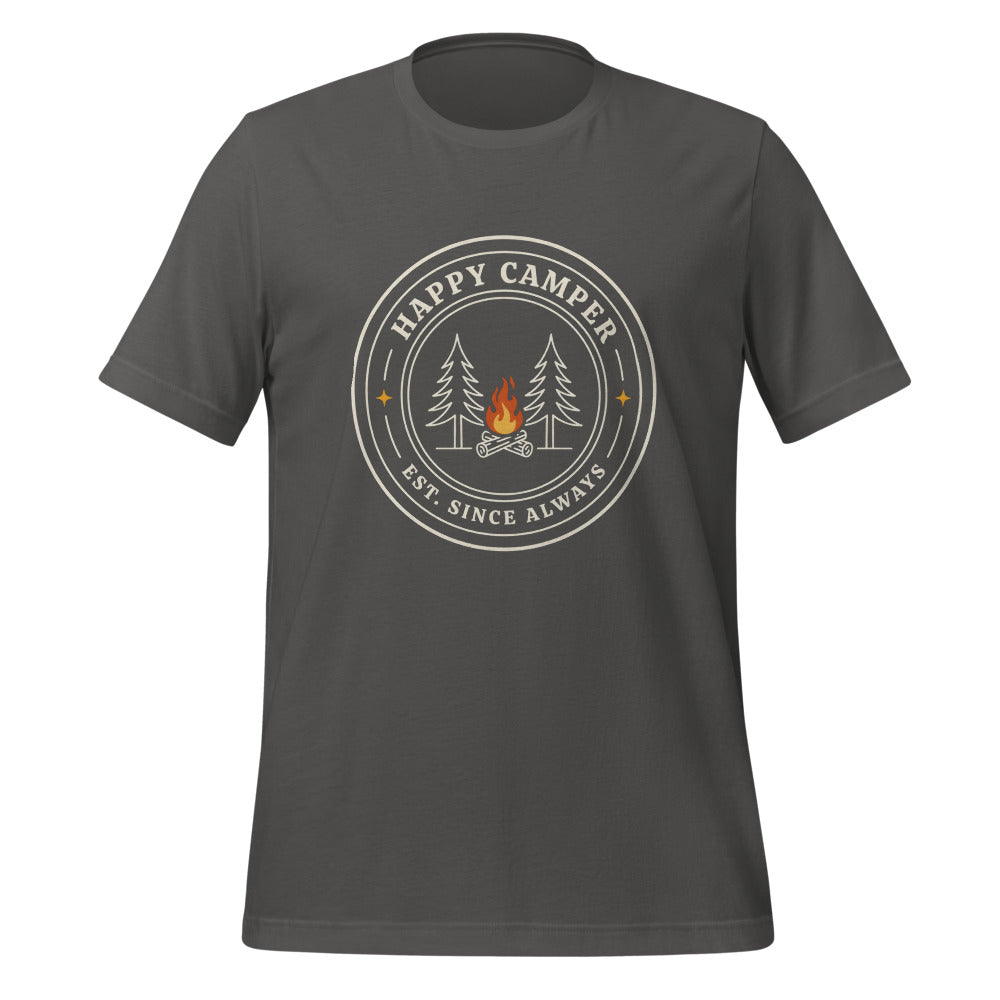 Happy Camper retro camp badge tee — Asphalt, front