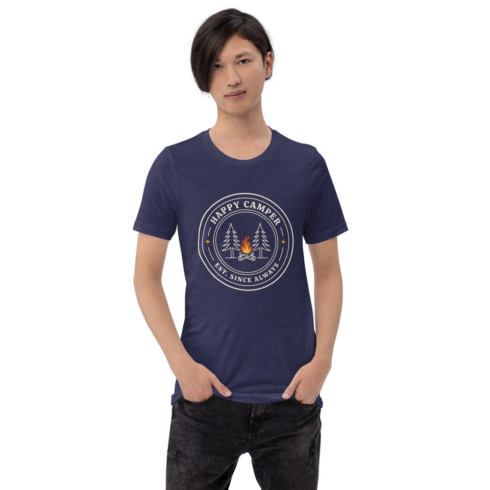 Happy Camper retro camp badge tee — Heather Midnight Navy, on model