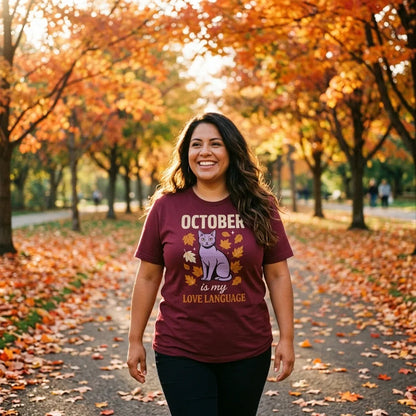 October Is My Love Language retro Halloween black cat tee — autumn park lifestyle, Maroon tee