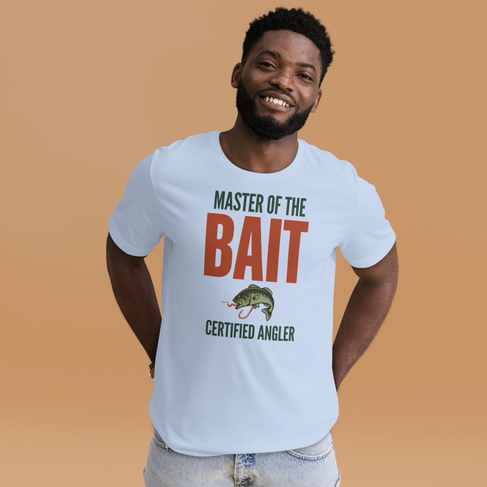 Master of the Bait retro fishing humor typography tee — Baby Blue, on model