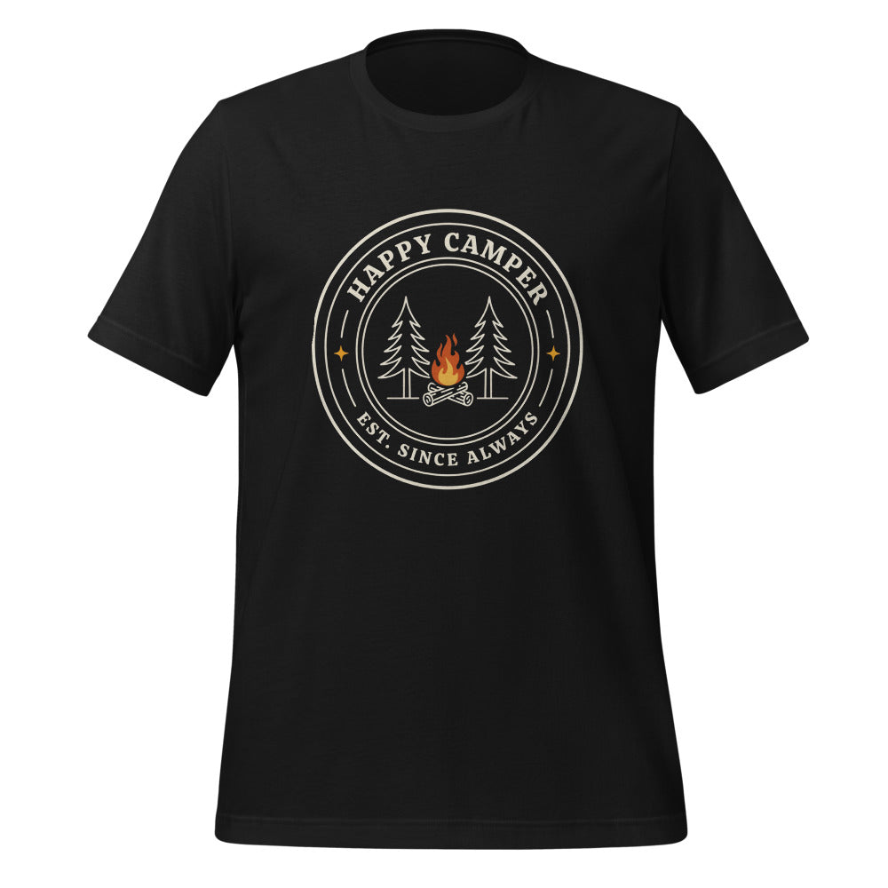Happy Camper retro camp badge tee — Vintage Black, front