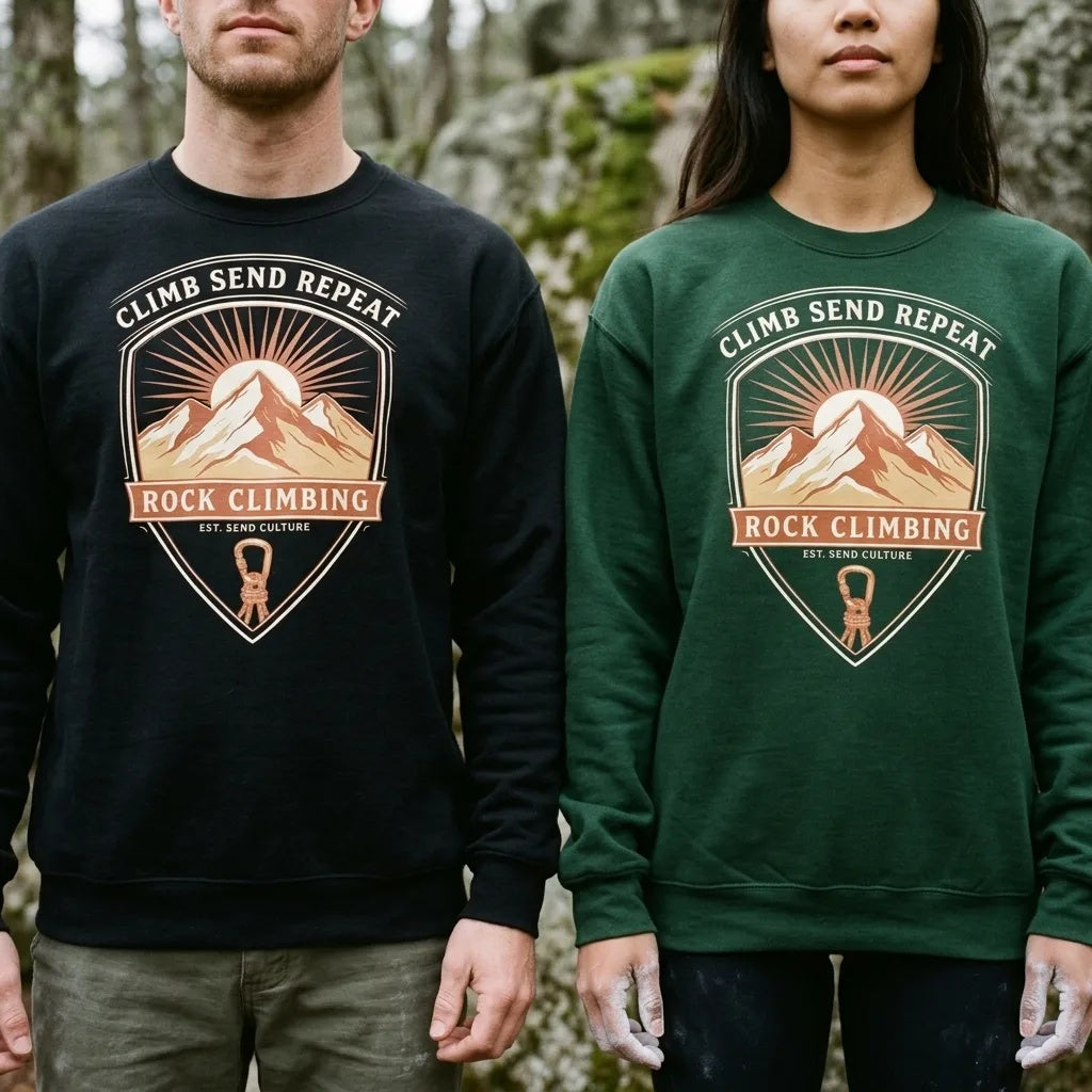 Climb Send Repeat mountaineering crest crewneck sweatshirt — lifestyle
