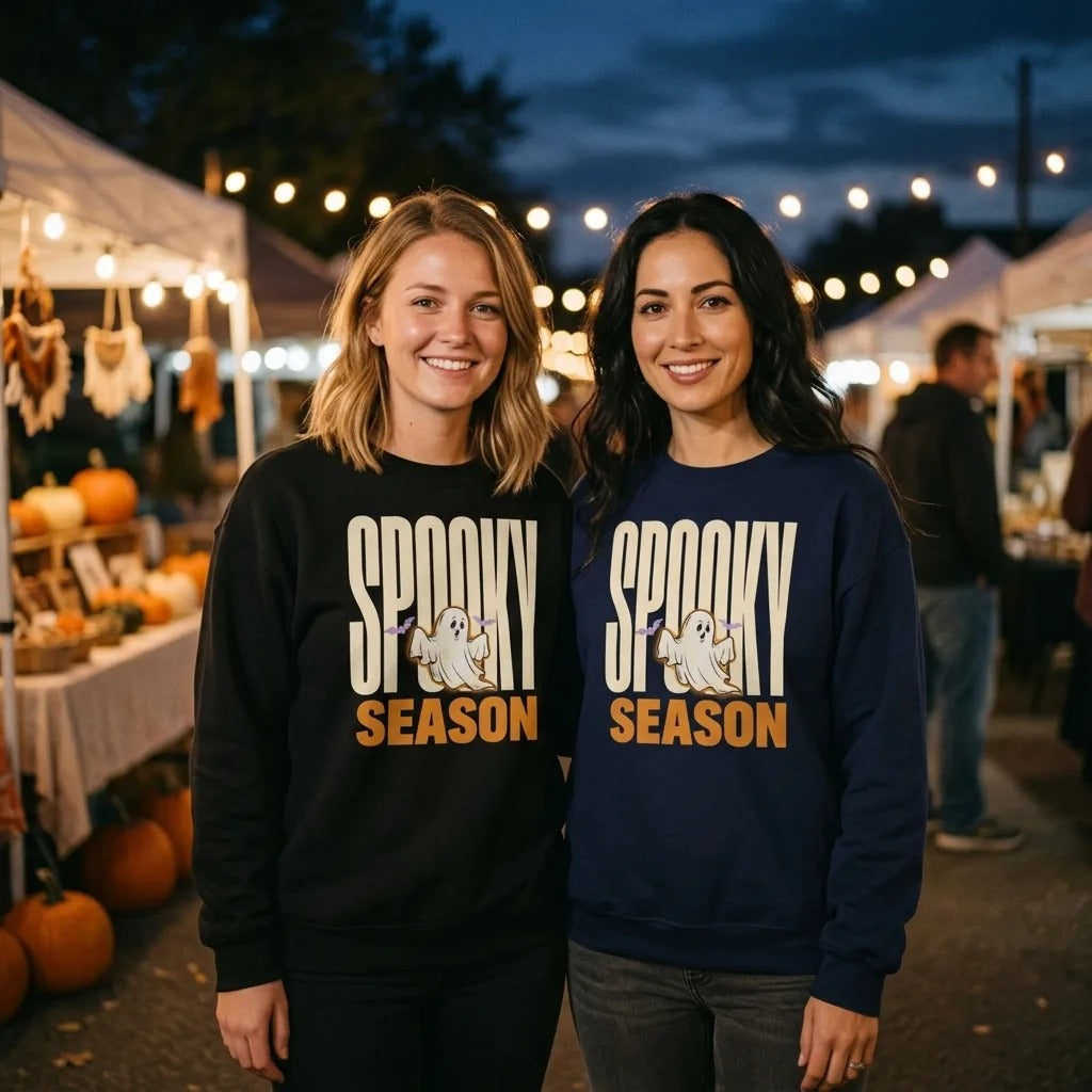Spooky Season retro Halloween ghost typography crewneck sweatshirt — Black and Navy, two friends at an autumn night market