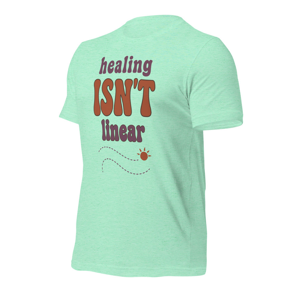 Healing Isn't Linear soft retro mental health tee — Heather Mint, front right