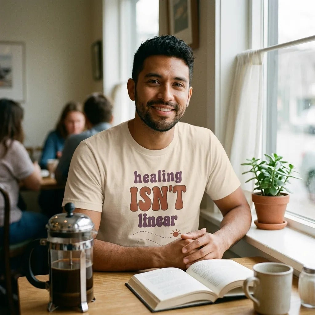 Healing Isn't Linear soft retro mental health tee — lifestyle portrait in Soft Cream