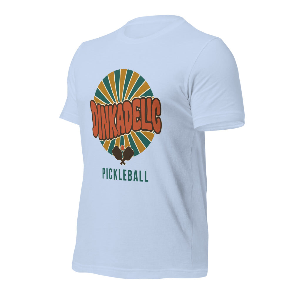 Dinkadelic retro 70s pickleball tee — Baby Blue, front-right angle
