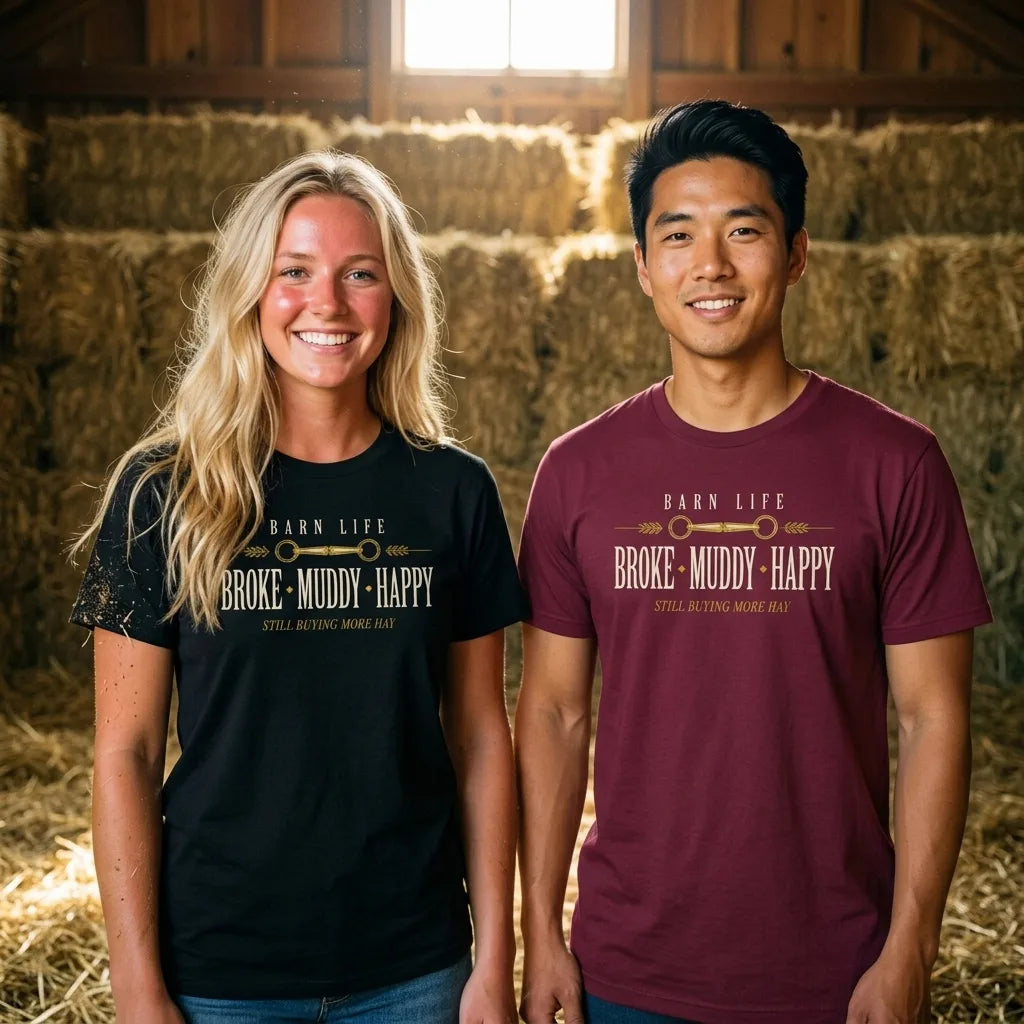Broke Muddy Happy funny barn life equestrian t-shirt — lifestyle