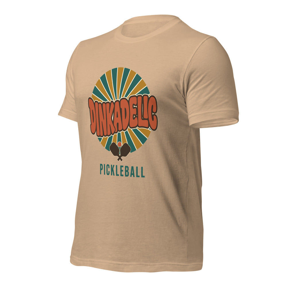 Dinkadelic retro 70s pickleball tee — Tan, front-right angle