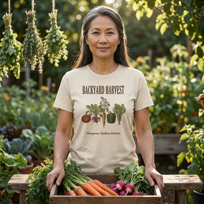 Backyard Harvest heirloom vegetable gardening tee — lifestyle