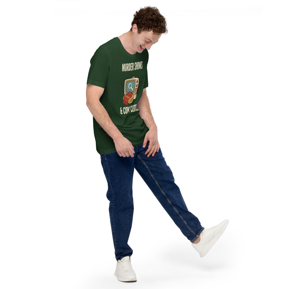 Murder Shows and Comfy Clothes cozy true crime tee — Forest, on model