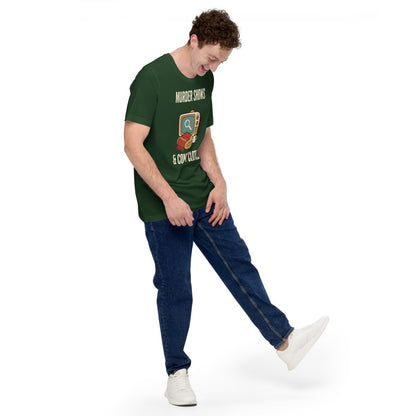 Murder Shows and Comfy Clothes cozy true crime tee — Forest, on model