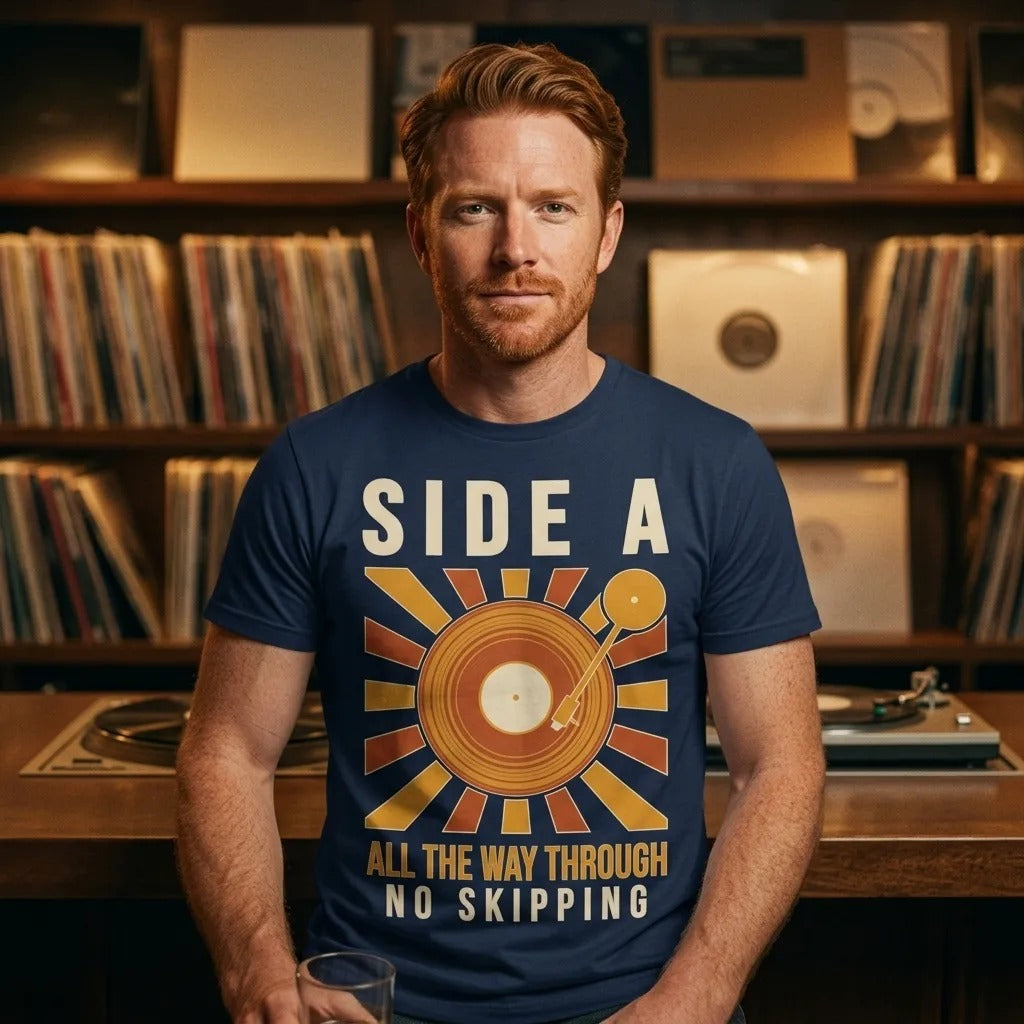 Side A No Skipping vinyl record tee — lifestyle