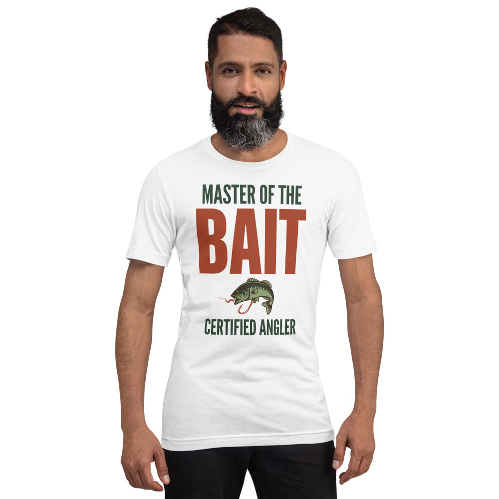 Master of the Bait retro fishing humor typography tee — White, on model