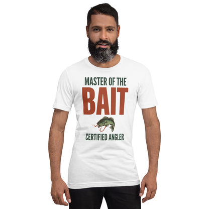 Master of the Bait retro fishing humor typography tee — White, on model