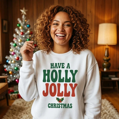 Groovy Holly Jolly retro Christmas crewneck sweatshirt — lifestyle