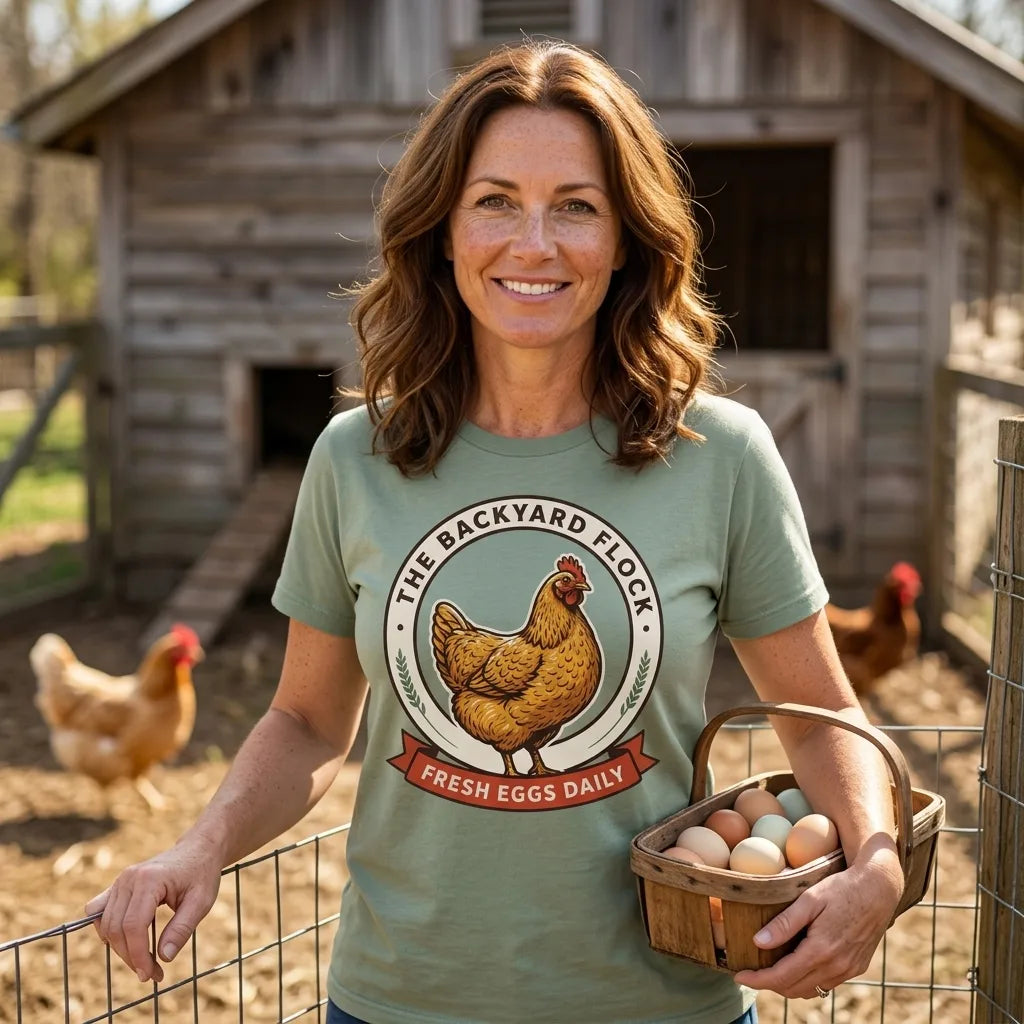 Backyard Flock heritage chicken keeper tee — lifestyle