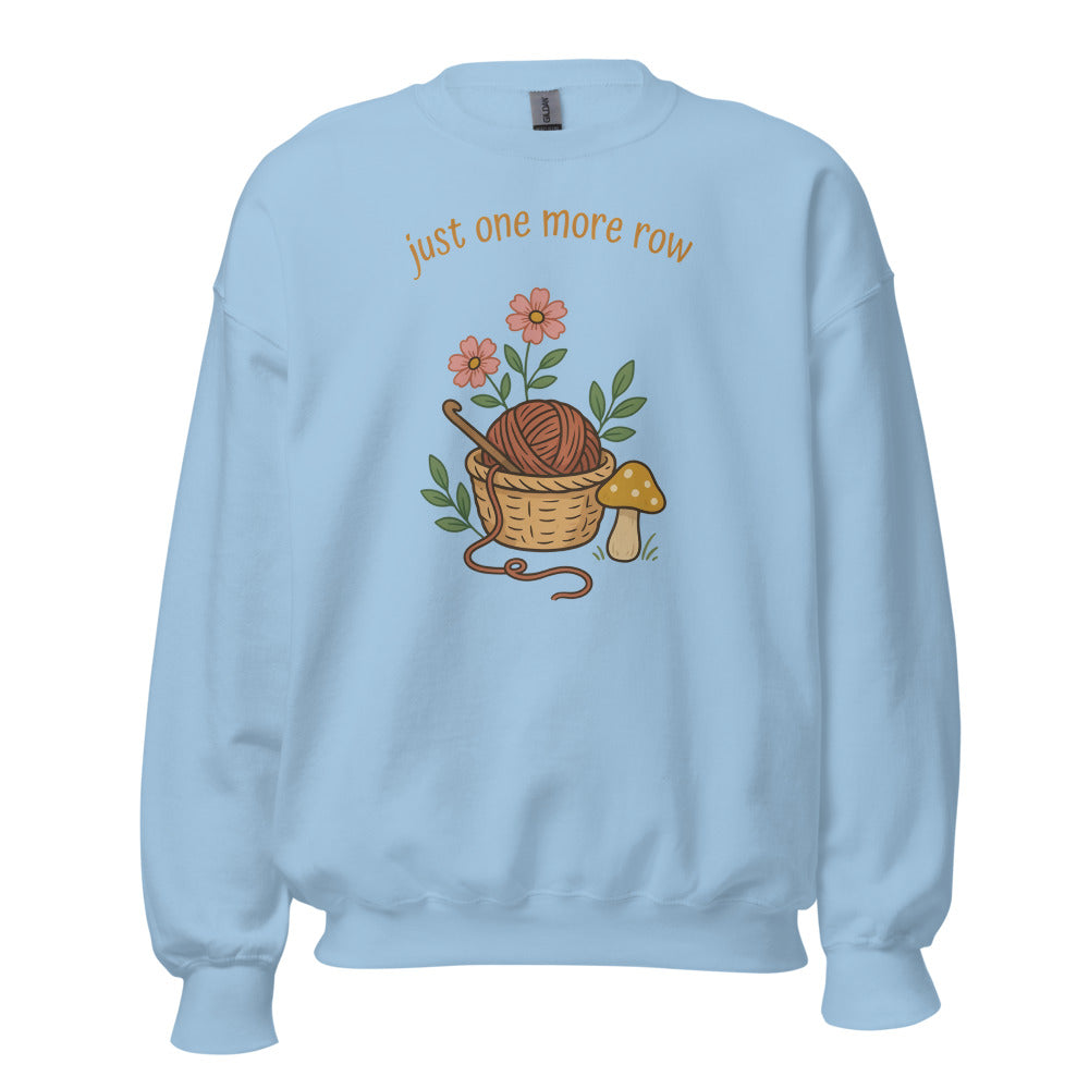 Just One More Row crochet cottagecore crewneck sweatshirt — Light Blue, front
