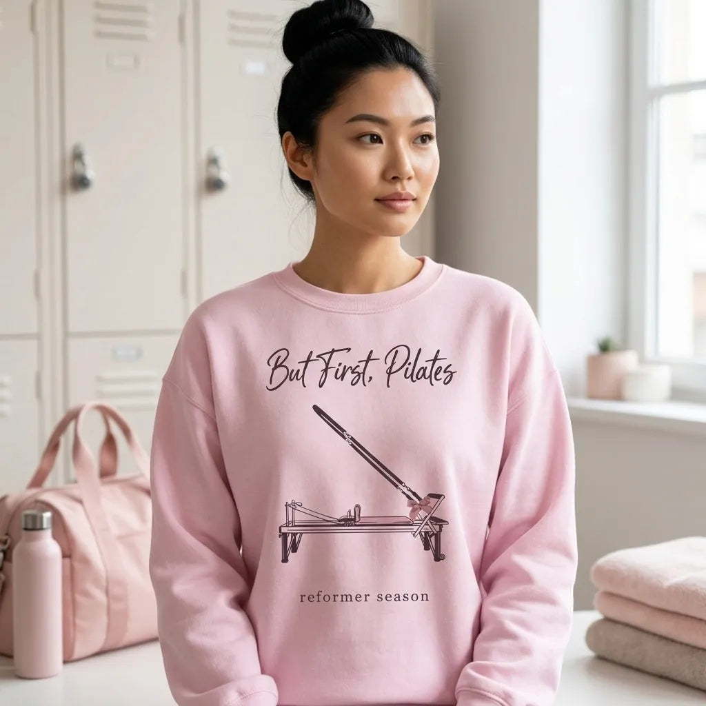 But First Pilates reformer line-art crewneck sweatshirt — lifestyle