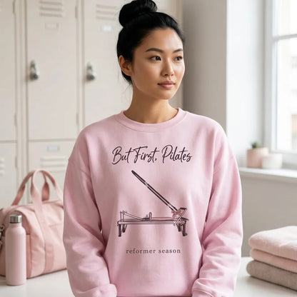 But First Pilates reformer line-art crewneck sweatshirt — lifestyle