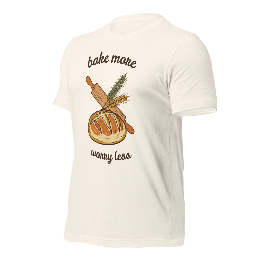 Bake More Worry Less retro kitchen sourdough tee — Vintage White, front right