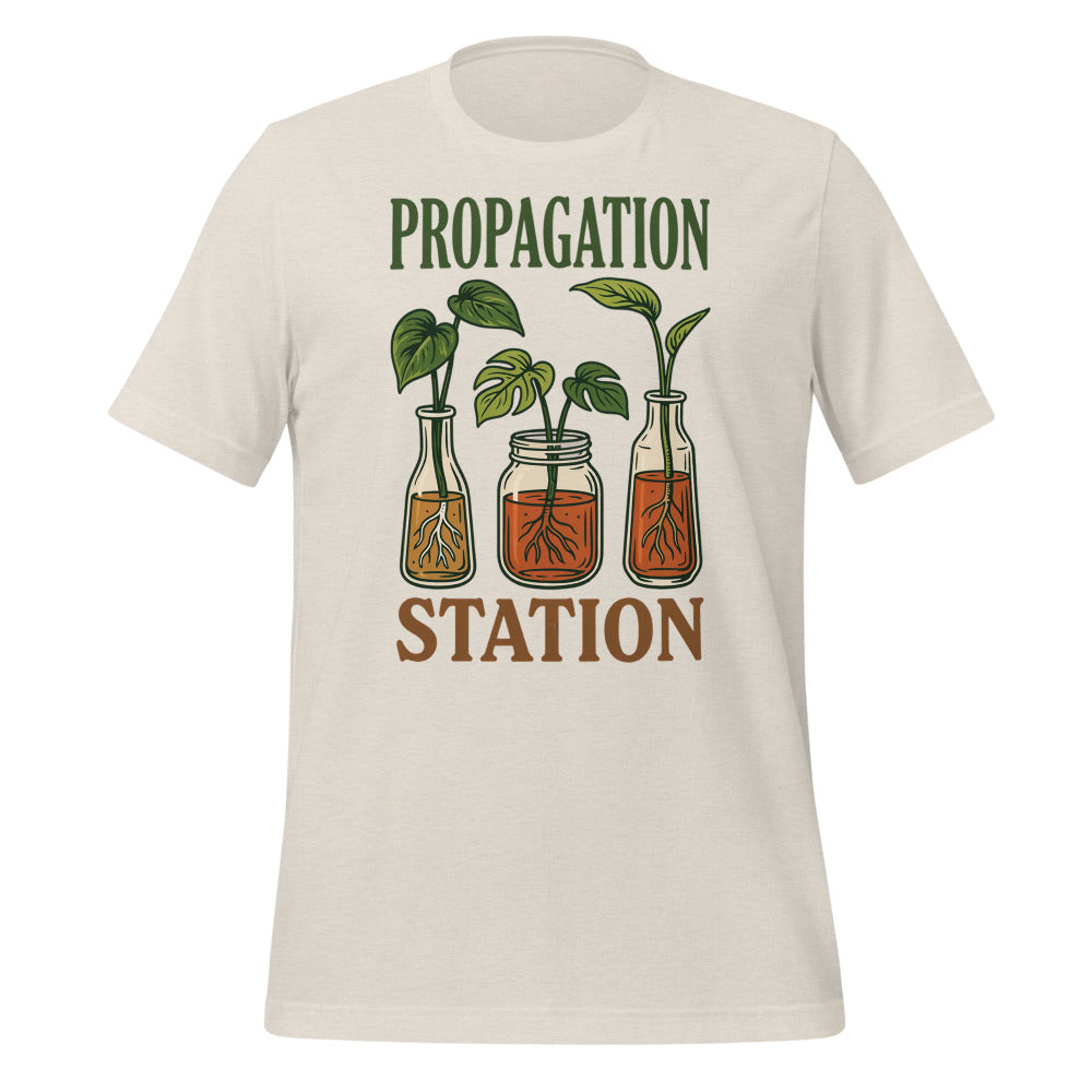 Propagation Station retro botanical plant lover tee — Heather Dust, front