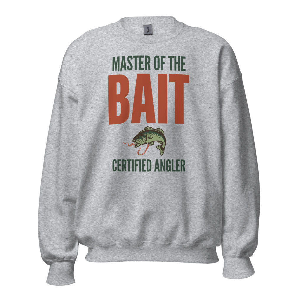Master of the Bait retro fishing humor crewneck sweatshirt — Sport Grey, front