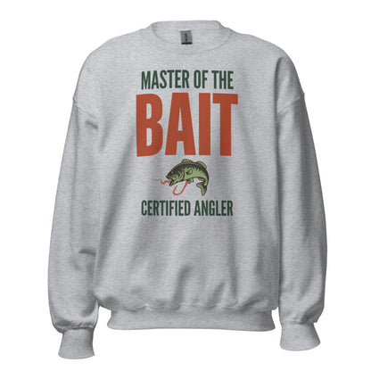Master of the Bait retro fishing humor crewneck sweatshirt — Sport Grey, front