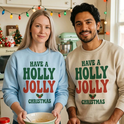 Groovy Holly Jolly retro Christmas crewneck sweatshirt — lifestyle
